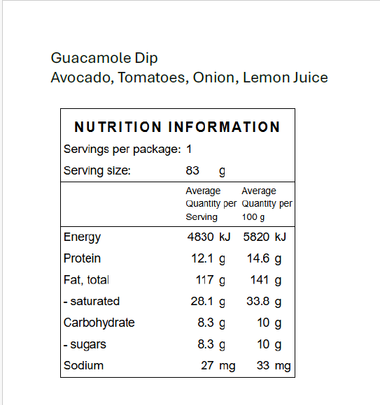 Nutritional information panel for Outback Bites freeze-dried guacamole dip