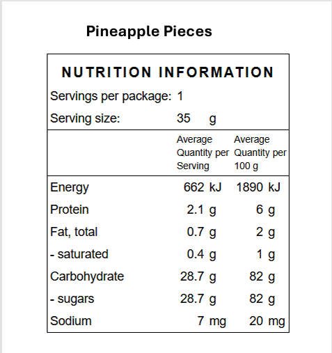 Nutritional information panel for Outback Bites freeze-dried pineapple