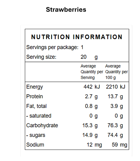 Nutritional information panel for Outback Bites freeze-dried strawberries