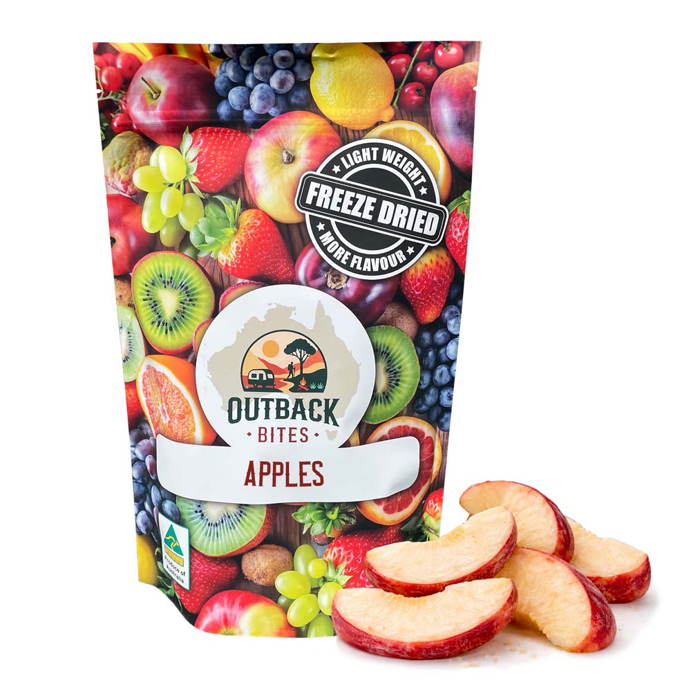 Packaging of Outback Bites freeze-dried apples with a colorful fruit design on a white background.