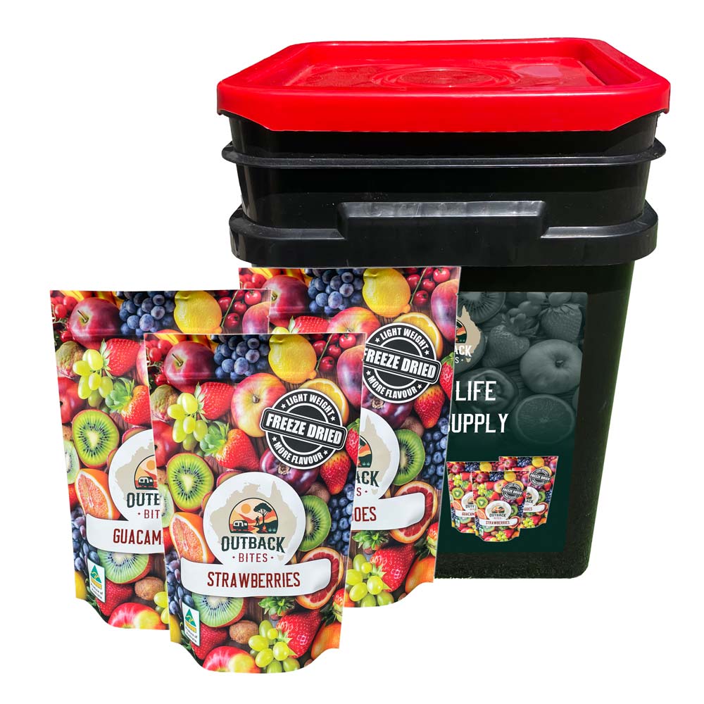 Black storage container with red lid and Outback Bites freeze-dried fruit pouches on a white background