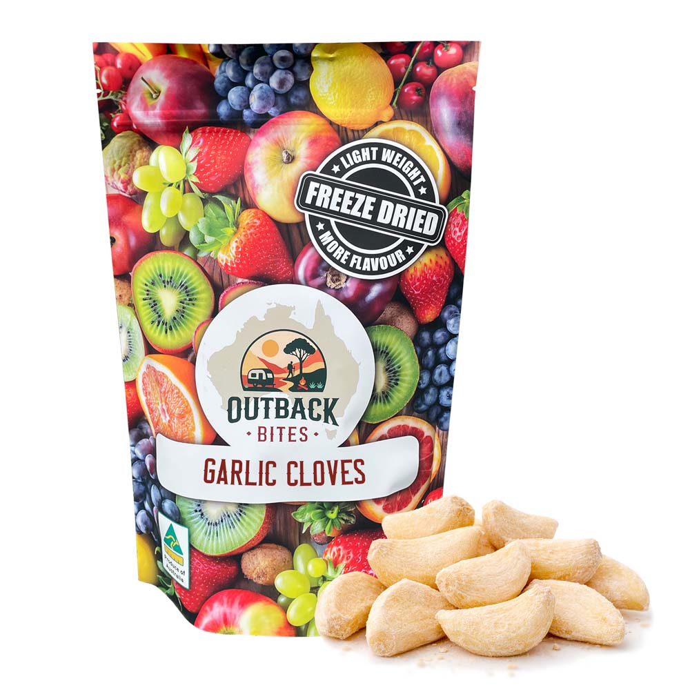 freeze-dried garlic cloves sitting outside a colourful outback bites package