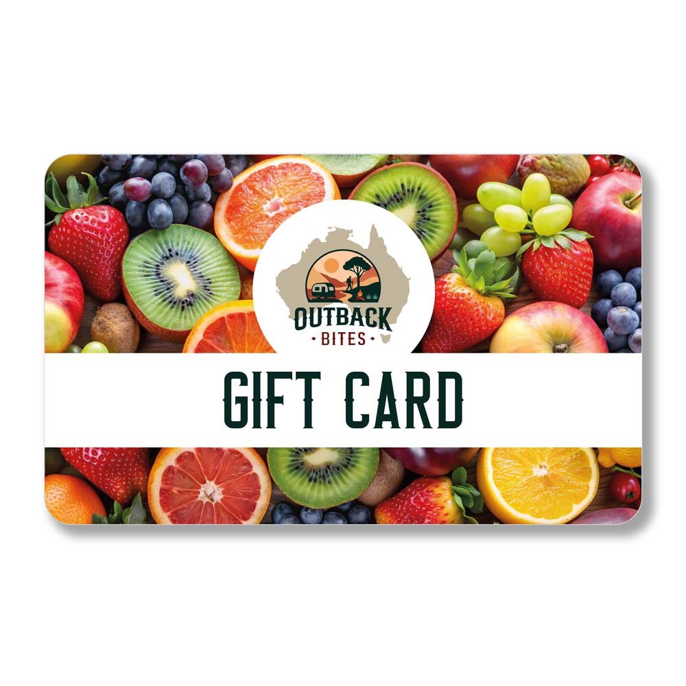 Outback Bites gift card with a colourful fruit background