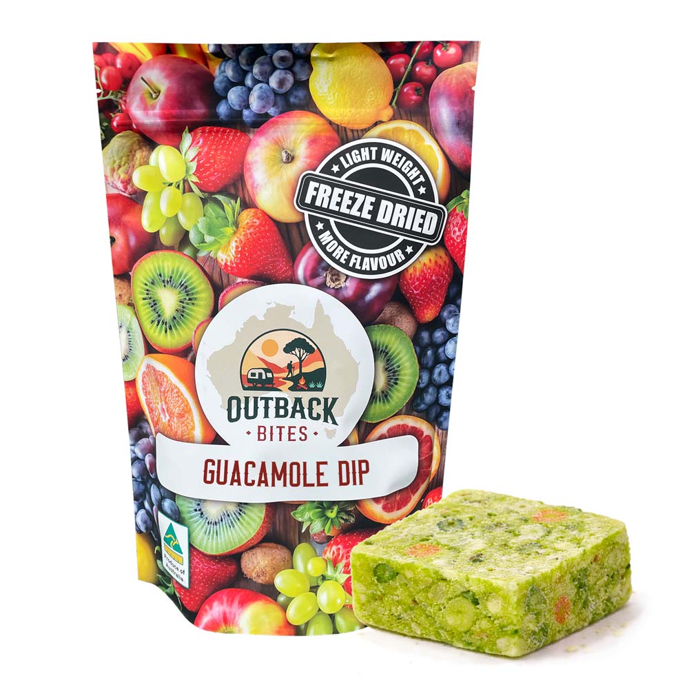 Freeze-dried guacamole dip package with colorful fruit illustration and Outback Bites branding.