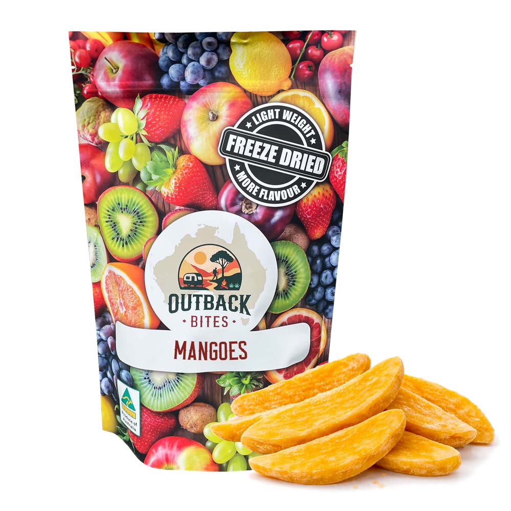 Packaging of Outback Bites Freeze Dried Mangoes with a colorful fruit illustration on a white background.