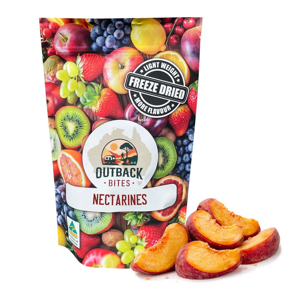 freeze-dried nectarines outside a brightly coloured outback bites package on a white background