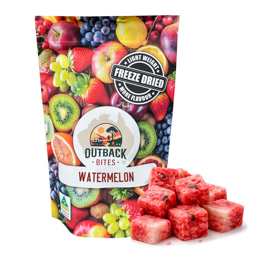 Packaging of Outback Bites freeze-dried watermelon with a colorful fruit background