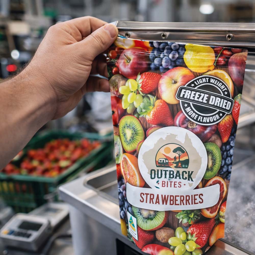 A sealed packet of Outback Bites freeze-dried strawberries being held up in the warehouse